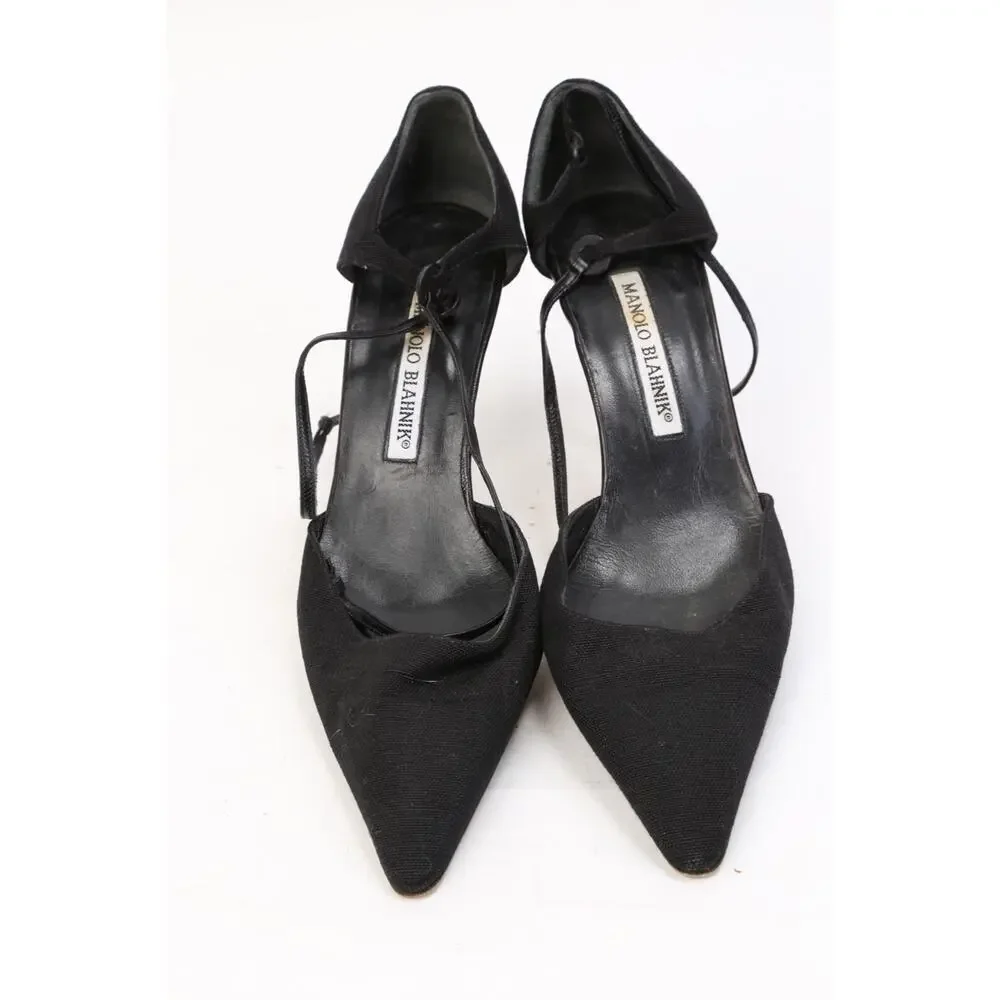 Manolo Blahnik Black Canvas Pointed Toe Cut Out Ankle Strap Pumps Size 35.5
